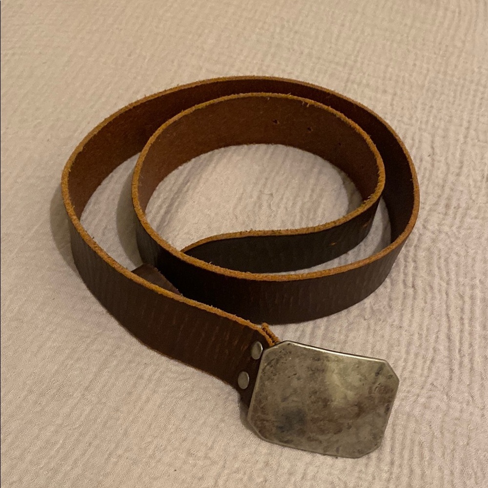 Brown Leather Belt with Silver Buckle. Size L